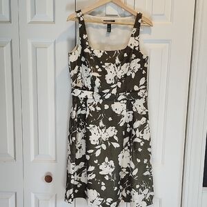 Ralph Lauren Classic Retro Round Neck Pleated Olive Floral 100% Linen Dress 12